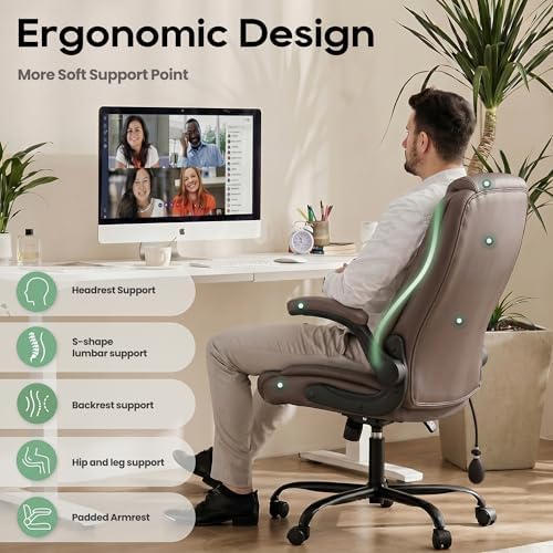 MALOL Leather Office Chair, Home Desk Chair with Flip-up Arms, Brown