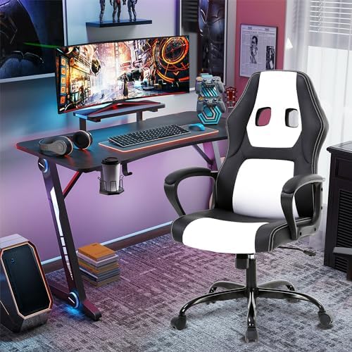 White Massage Gaming Chair for Kids, Ergonomic Office Chair Computer Chair with Adjustable High Back & Armrest, PU Leather Gamer Chair with 360°Swivel, Heavy Duty Gaming Chairs for Adults, Teens