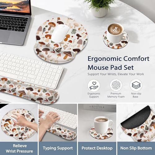 Wrist Rest Mouse Pad and Keyboard Support Set,Cute Mushroom Forest 3 in 1 Ergonomic Memory Foam Mousepad with Non Slip Base, Gaming Mouse Pad for Office and Home