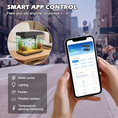 Smart Aquarium 5 Gallon Glass Fish Tank with Silent Water Pump, Self Cleaning System Efficiency Filter 7-Color LED Lights Automatic Feeder Temperature Display HD Glass, Smart Control with App, Black
