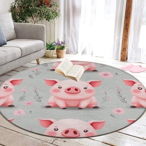 Soft Round Yoga Carpet, Office Chair Decor Round Mat for Carpet and Hardwood Floors Cute Pink Pigs Print