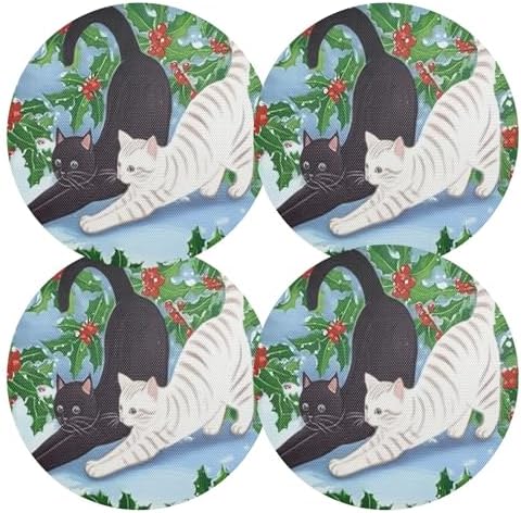 Round Placemats Cat Stretching Non-Slip Stain Heat Resistant Place Mats Washable Table Mats for Kitchen Dining Table Decor, Easy to Clean, Set of 6