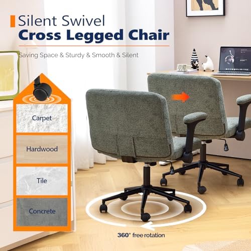 VINGLI Criss Cross Chair with Adjustable Flip-Up Arms,Cross Legged Chair with Wheels, Extra Wide Office Chair,Cozy Desk Chair for Home Office, Vanity, Apartment,Chenille Velvet,Dark Green