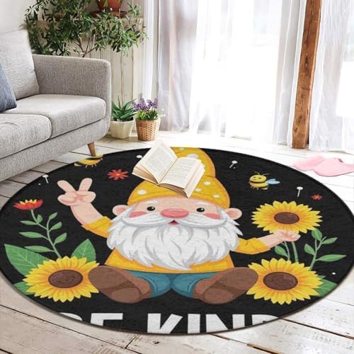 Large Home Decor Mat, Soft Round Yoga Carpet, Non Slip Machine Washable Home Office Circle Rug Be Kind Sunflower Gnome