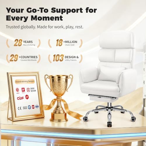 Big and Tall Office Chair 500LBS, Ergonomic High Back Leather Executive Chair, Reclining Swivel with Adjustable Armrests Lumbar Support Footrest, Cross Legged, White
