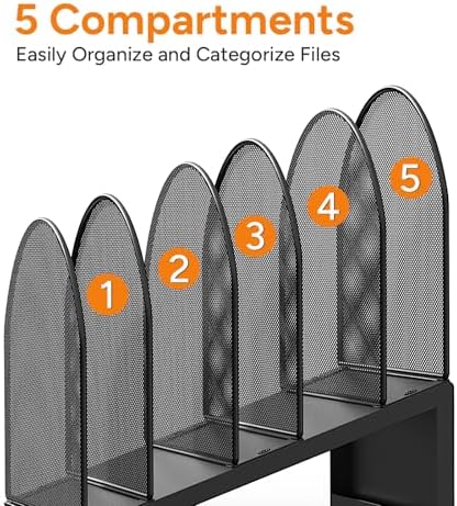 5-Section Desk File Organizer Metal Mesh Folder Organizer, Black