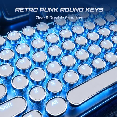 RK ROYAL KLUDGE S108 Typewriter Mechanical Keyboard, Retro Wired Gaming Keyboard with Number Pad and Detachable Wrist Rest, 108 Keys Full Size PC Game Keyboards, Clicky Blue Switch, Blue Backlit White