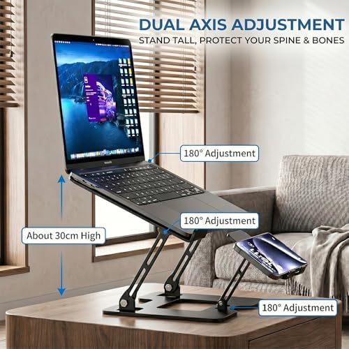 Adjustable Laptop Stand with Phone Holder, Ergonomic Alloy Steel Laptop Riser, Portable & Foldable Computer Stand for Desk, Compatible with MacBook Pro/Air All 10-18" Laptops (Black)