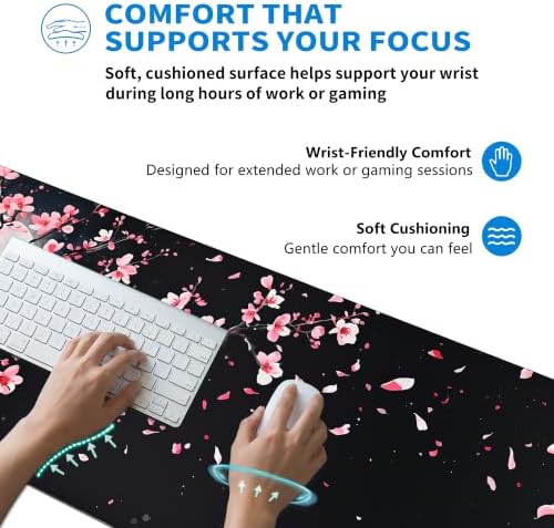 Extended Cherry Blossom Desk Mat, XL Large Gaming Mouse Pad, Japanese Sakura Moon Stitched Edges Waterproof with Non-Slip Rubber Base for Computer Keyboard Laptop Work Home Office 31.5"x11.8"