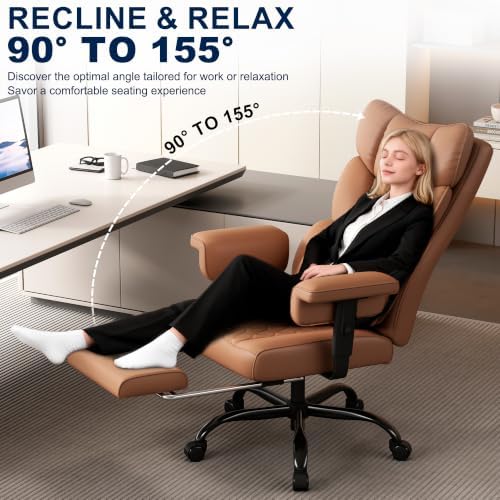 Misolant Big and Tall Office Chair with Footrest, High Back Executive Desk Chair with Adjustable Lift Armrest, 155°Recline，Lumbar Support Pillow, Faux Leather Gaming Chairs for Home or Office
