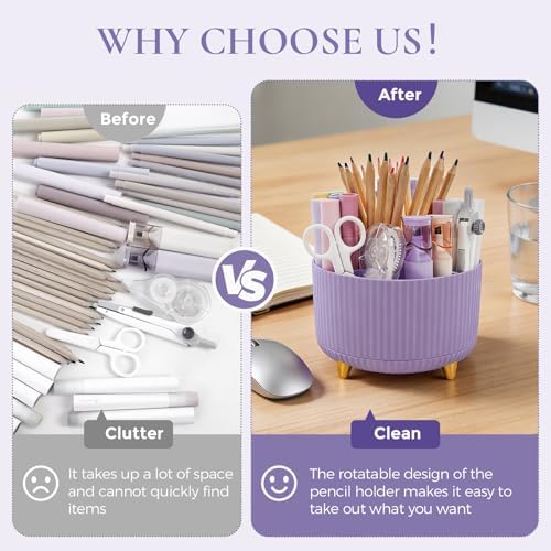 KONVINIT Pencil Pen Holder for Desk, 5 Slots 360-Degree Rotating Desktop Organizer, Cute Desk Organizers and Accessories for School, Home, Office and Art Supply, Purple