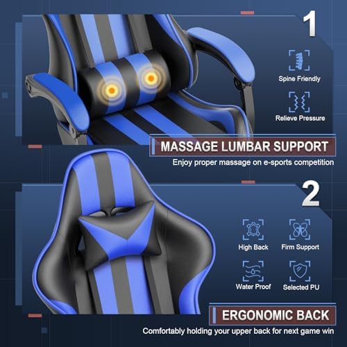 Huracan Gaming Chair with Footrest, Adjustable Ergonomic Computer Office Chair with Lumba Pillow, Video Game Computer Chairs for Adults, Racing Style Reclining Backrest Office Desk Chairs, Blue