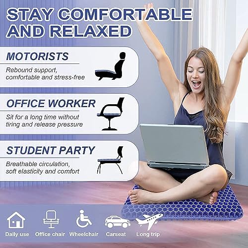 Gel Seat Cushion for Long Sitting Hip Pain, 20x20inch Jumbo Thick Soft & Breathable Cushion for Wheelchair Gel Seat Cushion for Office Home Chairs (Blue)