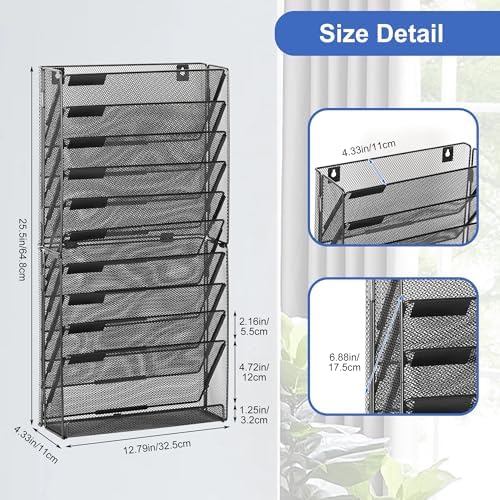 EasyPAG Wall File Holder 10 Tier Mesh Hanging Folder Organizer with Flat Tray Wall Mounted Mail Organizer Magazine Paper Desk Shelf with Nametag Label for Office Home School, Black