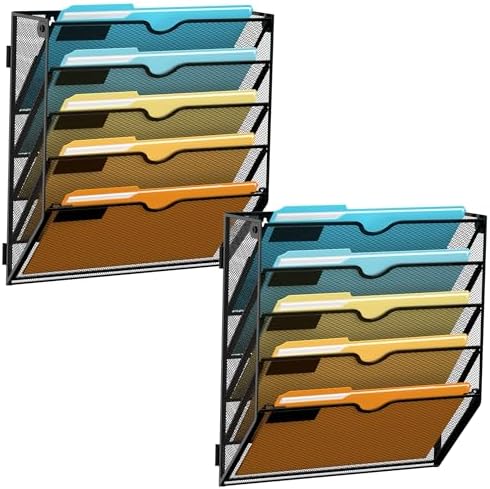 SUPEASY 5 Tier Wall File Organizer, Hanging Wall Mounted Mail Organizer with Label Slots, Metal Mesh File Holder Magazine Rack for Office, Home, School or Classroom, Black, 2Pack