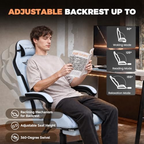GTPLAYER Gaming Chair with Footrest, Ergonomic Office Chair 400lbs Heavy Duty, Big and Tall Computer Desk Chair with Lumbar Support and Headrest, Breathable Plush Fabric, 90-155° Recline Light Blue
