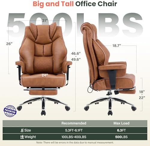 CIOMAN 500lbs Big and Tall Office Chair Adjustable Lumbar Support, Extra Wide Seat Ergonomic Gaming Chair with Footrest, Heavy Duty High Back Executive Leather Computer Desk Chair, Brown