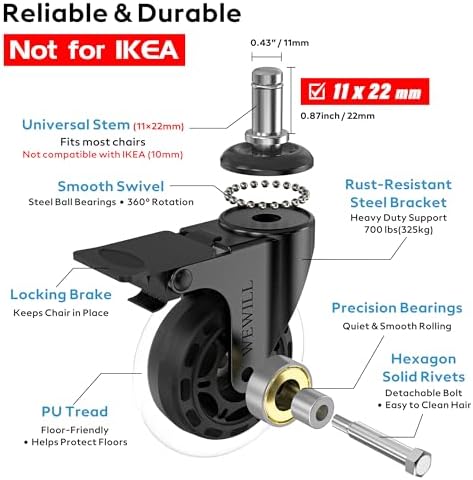 WEWILL Office Chair Wheels - Rubber Casters Replacement Universal Fit 98% Chair(Set of 5) Heavy Duty 3 Inch Smoothly & Quietly Safe for All Floor, Hardwood, Tile, Carpet, Noise Free - Transparent