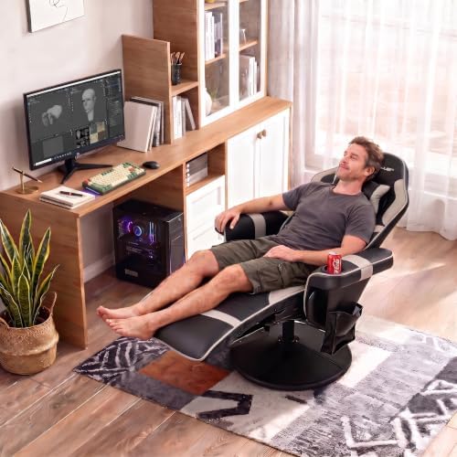 POWERSTONE Gaming Recliner, PU Massage Gaming Chair with Footrest, Cup Holder, Headrest and Side Pouch, Adjustable Single Sofa Living Room Chair(Gray)