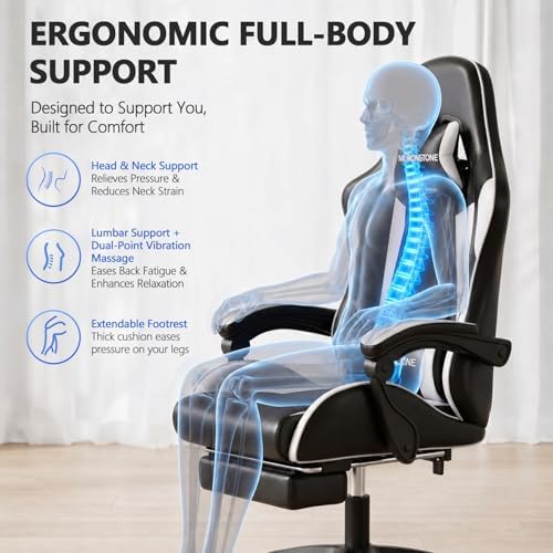 Mr IRONSTONE Black Gaming Chair with Footrest, Ergonomic High Back Gamer Chair with Massage Lumbar Support, Reclining Video Game Chair with Adjustable Headrest, Swivel Computer Desk Chair