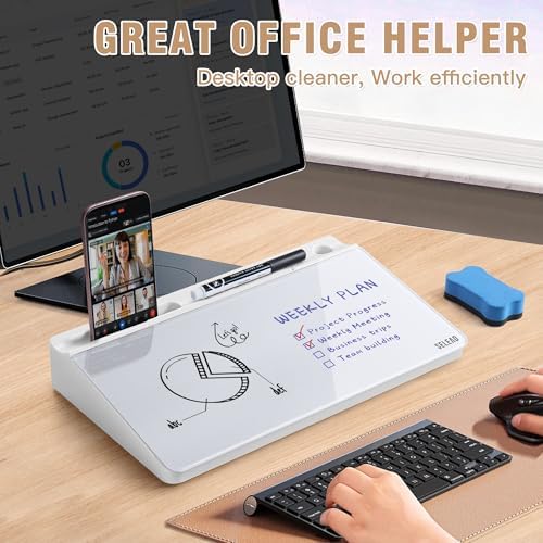 SELEAD Desktop Glass Whiteboard with Storage, 5 Markers and 1 Eraser, White
