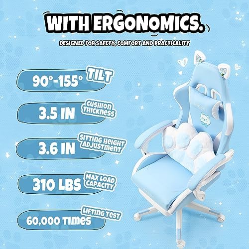 Gaming Chair, Cute Cat Gaming Chairs with Paw Lumbar Cushion for Girls, Video Gamer Chair with Footrest for Girl Teen Woman (Blue-A)