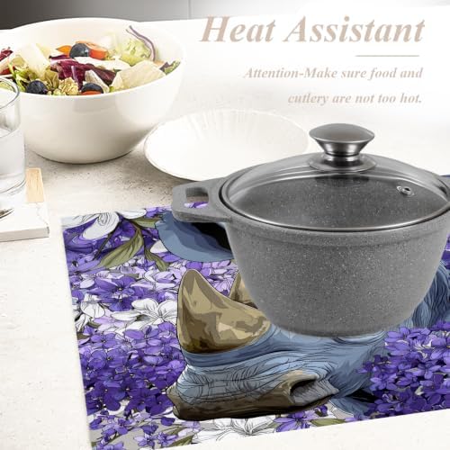 Shrahala Wild Rhinoceros Placemats, in Purple Flowers Table Mat Linen Burlap Washable Double-Deck Heat Insulation for Dining/Kitchen Table Set of 6 (12 X 18 Inch)