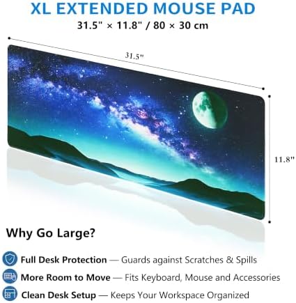 Extended Galaxy Full Moon Desk Mat, XL Large Gaming Mouse Pad, Starry Sky Stitched Edges Waterproof with Non-Slip Rubber Base for Computer Keyboard Laptop Work Home Office 31.5"x11.8"
