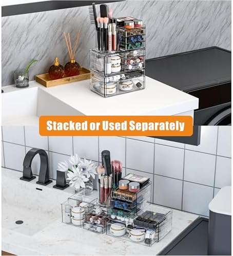 SuoXing 3 Pack Clear Acrylic Makeup Organizer for Vanity With 9 Drawer, Skincare Organizers Countertop With Make up Brush Holder,Bathroom Make up Drawer Storage for Beauty,Hair Accessories Organizer
