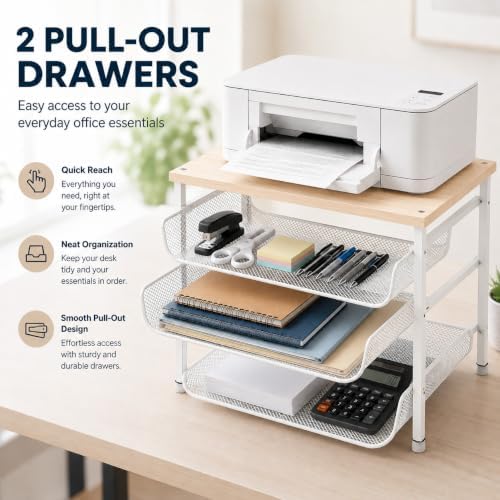 4-Tier Printer Stand with Storage for Desk, Wood Top, White