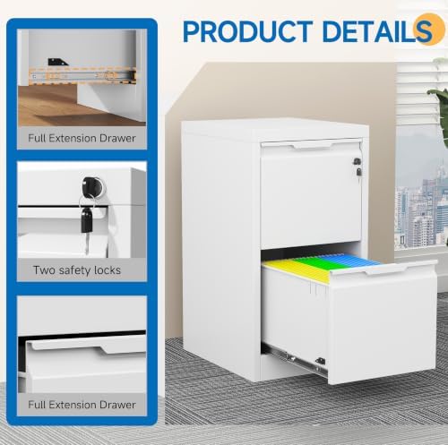 2 Drawer File Cabinet with Lock,Metal Small File Cabinet for Home Office,White Under Desk File Cabinet for Letter/Legal/A4/F4 Size File,Assembly Required