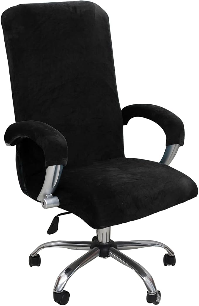 Velvet Plush Office Chair Cover with Armrests - Universal XL Size, Stretch Elastic fit for Desk Computer Chairs, Suitable for Pets and Children Friendly, Washable, Black