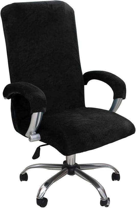 Velvet Plush Office Chair Cover with Armrests - Universal XL Size, Stretch Elastic fit for Desk Computer Chairs, Suitable for Pets and Children Friendly, Washable, Black
