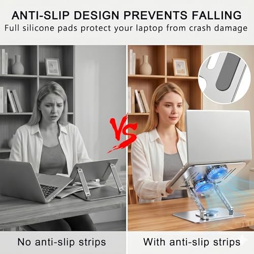 Laptop Stand with Cooling Fan, 360 Rotating Base Aluminum Laptop Riser, Foldable Ergonomic Computer Stand for Desk, Height Adjustable Notebook for All Laptops up to 17.3" (Silver)