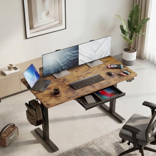 Claiks Electric Height Adjustable Standing Desk with Drawers, 63 x 24 Inch Sit Stand Desk for Home Office, Computer Desk Workstation,Rustic Brown