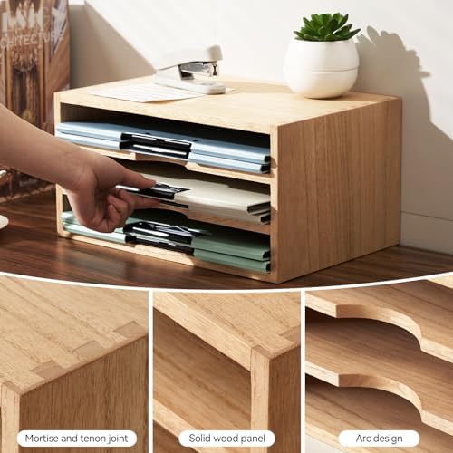 KIRIGEN Wooden Desk Organizer 3-Tier Letter Tray and Paper Sorter, Natural