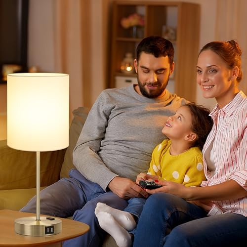 Lynnoland Set of 2 Touch Control Table Lamps with 2 USB & AC Outlet, 3-Way Dimmable Bedside Nightstand Lamps for Bedroom Living Room Nursery, 800 Lumens 3000K Warmlight Bulbs Included