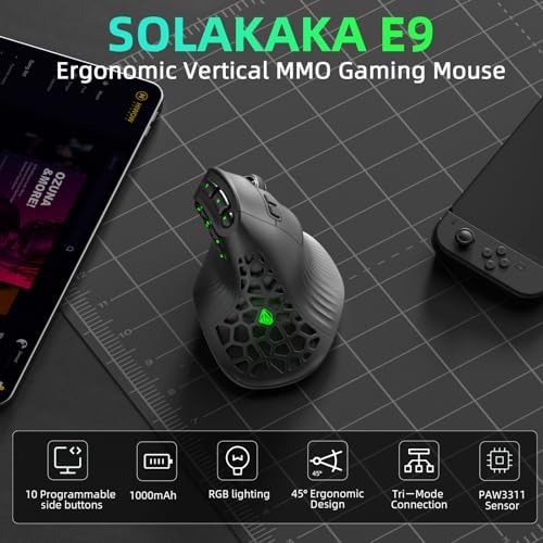 SOLAKAKA E9 Ergonomic Vertical MMO Mouse with 10 Side Buttons,Black