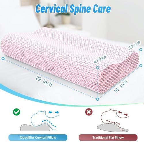 Neck Pillow for Sleeping, Ergonomic Cervical Bed Pillow, Pink Queen Size