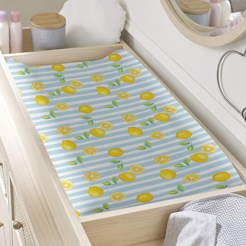 Summer Lemon Leaves Stripes Pattern Baby Changing Pad Cover, Unisex Fruits Nursery Diaper Changing Table Pad Mat Sheet for Boys Girls-16x32