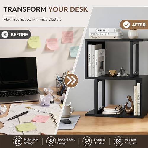 Desk Shelf Organizer, Small Desktop Bookshelf Wood, Black