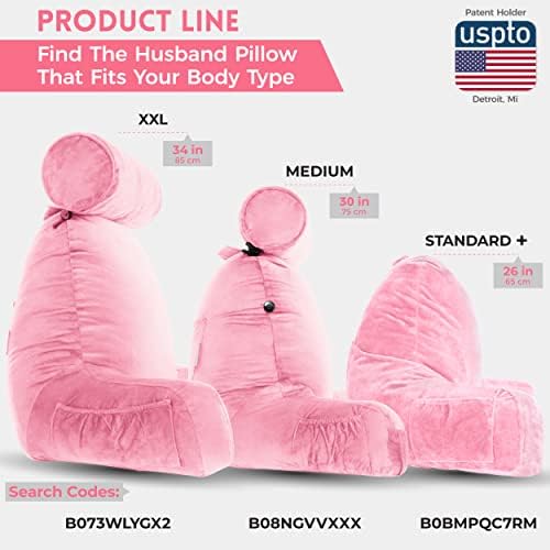 Husband Pillow XXL The Original for Adults - 30" Tall Backrest for Sitting Up in Bed - Firm Support Reading & Bed Rest Pillows for Adults, Neck Roll, Removable Cover - TV - Pink