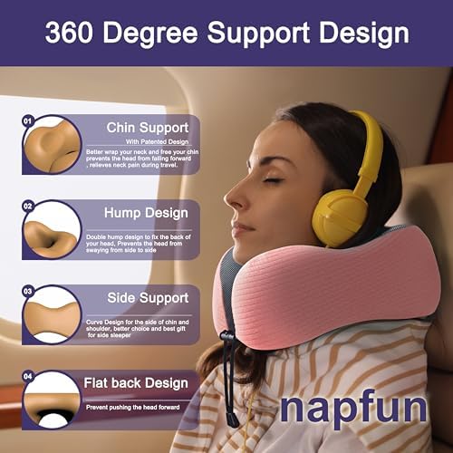 napfun Neck Pillow for Travel, Memory Foam Airplane Pillow, Pink