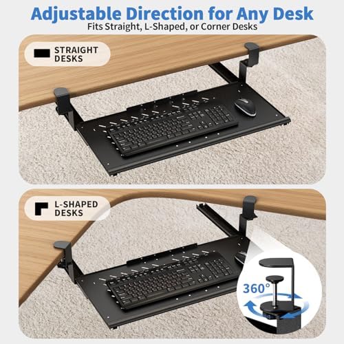 Keyboard Tray Under Desk - Full Metal Slide Out Holder, Rust-Resistant & Scratch-Proof, 26x13" Tray, Double C-Clamps for L Shape/Regular Desks, Standing/Sitting Workstation(Black-A)