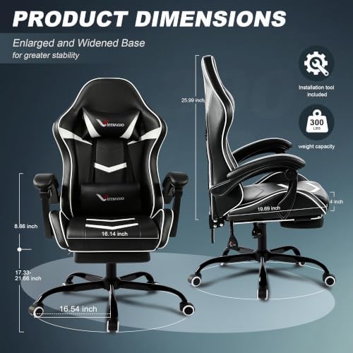 Gaming Chair for Adults with Pocket Spring Cushion Footrest White and Black