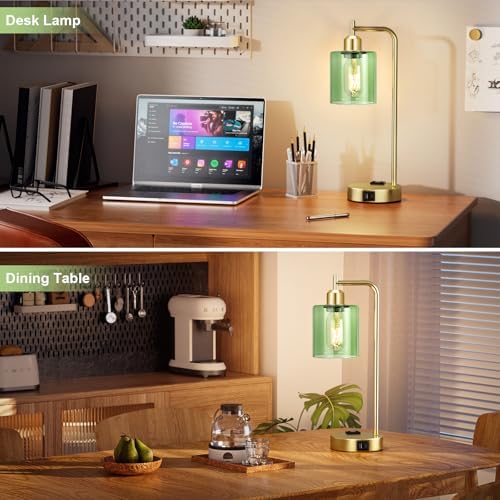 Innqoo Industrial Green Table Lamps for Bedrooms Set of 2-3-Way Dimmable Desk Lamp with USB C+A Ports and Outlet, Gold Lamps with Green Glass Shade for Living Room