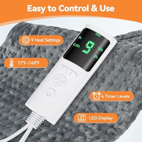 Heating Pad for Back Pain, 17"x33" Electric Heat Pad with 9 Heat Levels & 4 Auto-Off Timers, Portable Heating Pad for Period Cramps, Shoulder, Neck, Machine Washable, Gifts for Women Men, Grey