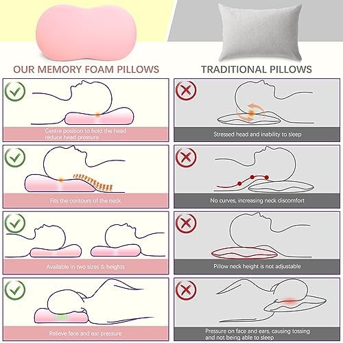 Cervical Memory Foam Pillow: Neck Pillows for Pain Relief Sleeping - Ergonomic Pillow for Neck and Shoulder Pain | Contour Support Bed Pillow for Side Back Stomach Sleepers (Pink)