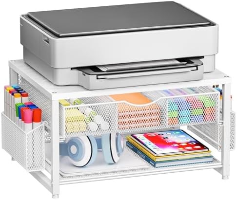 Marbrasse Wood Printer Stand for Desk, 2-Tier Desktop Printer Table for Home Office, Printer Stand with Storage Drawer 2 Pen Holders, Multi-Purpose Desk Organizer for Fax Machine Scanner(Wood White)