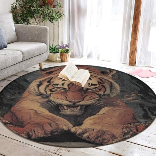 Highly Premium Quality Floor Mat, Office Chair Decor Mat, Room Sofa Yoga Soft Round Carpet Animal King Cool Tiger Art, 60inch